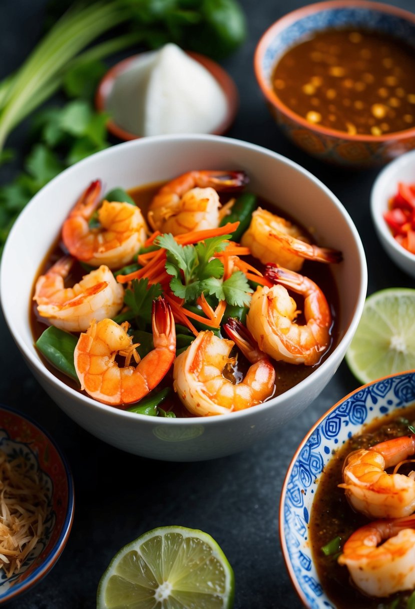 A bowl of spicy coconut shrimp surrounded by colorful Asian ingredients