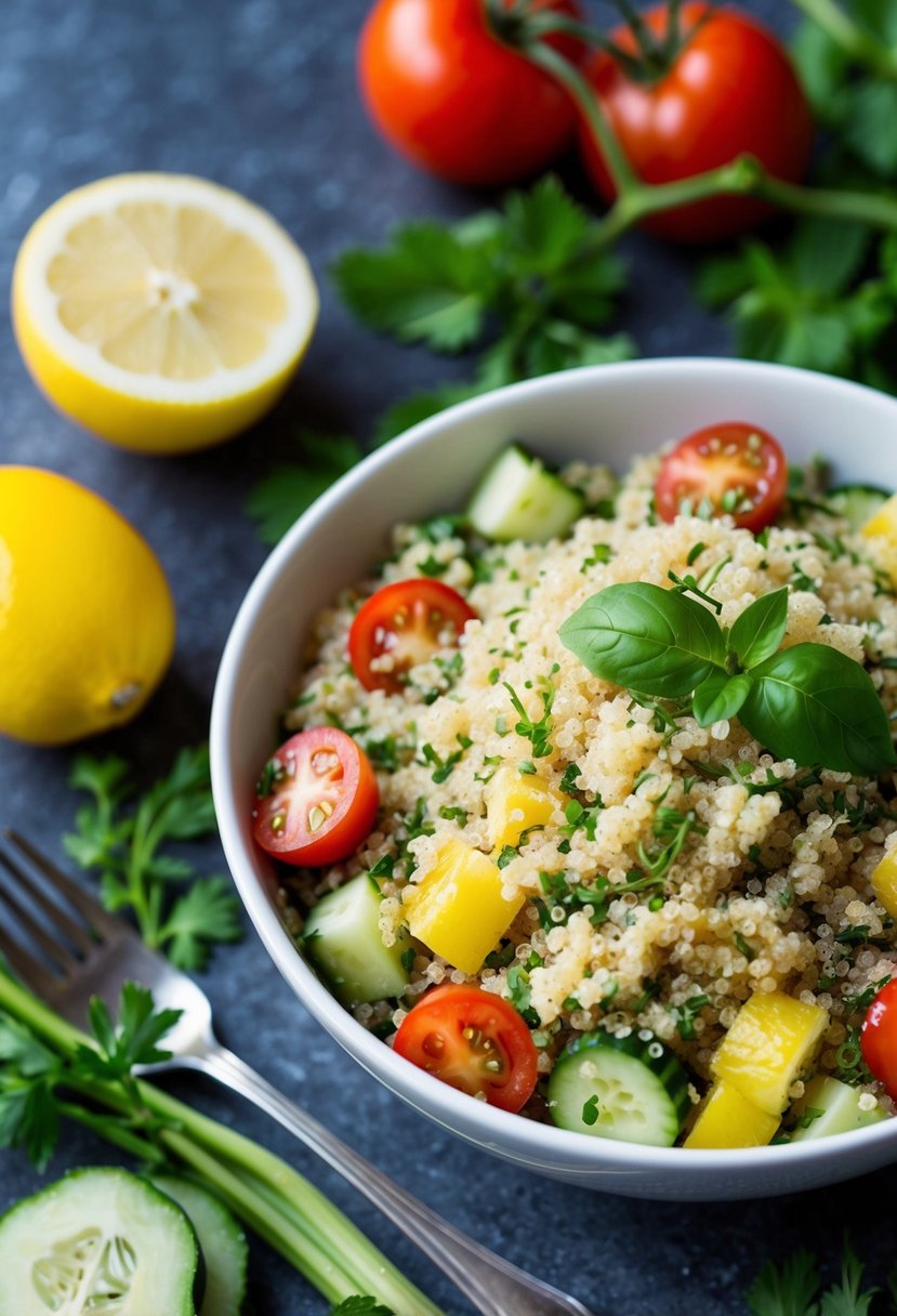 A bowl of tangy lemon oregano quinoa salad surrounded by fresh ingredients like tomatoes, cucumbers, and herbs