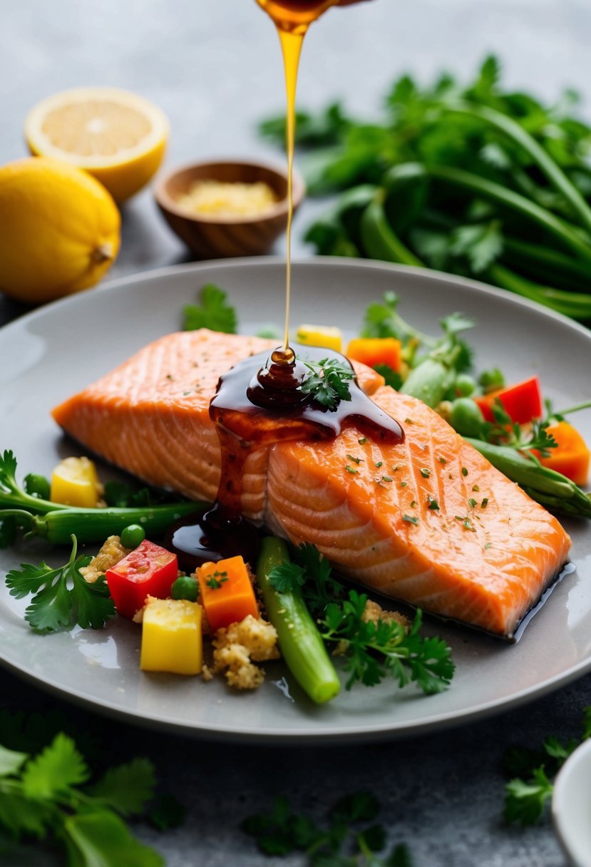 A plate of ginger honey salmon surrounded by colorful vegetables and herbs, with a drizzle of sauce