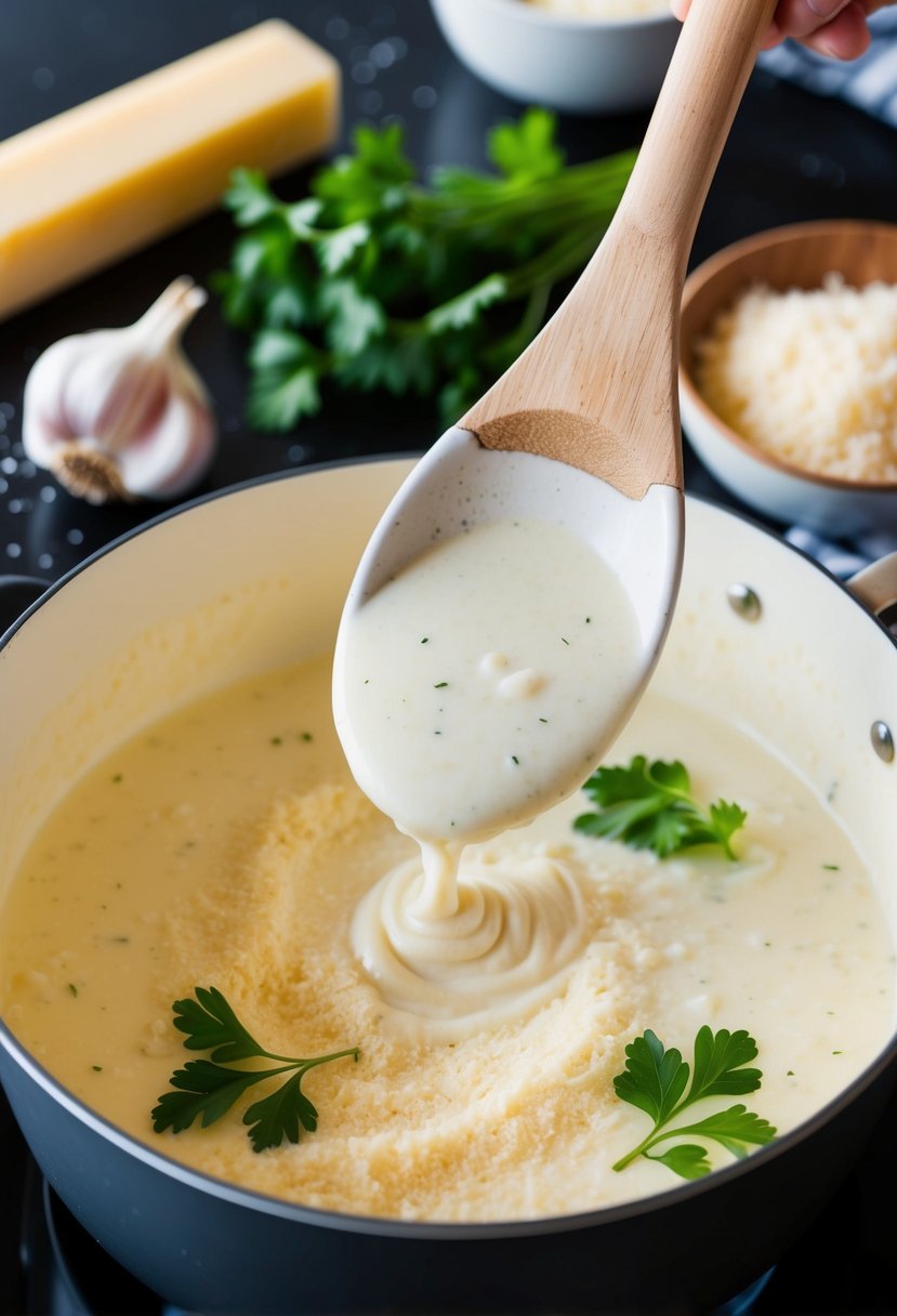 A wooden spoon stirring creamy alfredo sauce in a bubbling pot on a stovetop, surrounded by scattered garlic cloves, parmesan cheese, and fresh parsley