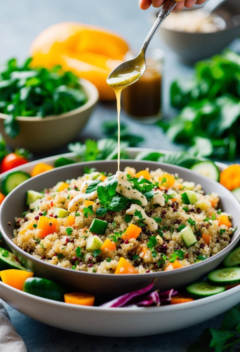 A vibrant bowl of quinoa salad surrounded by fresh vegetables and herbs, with a light drizzle of dressing