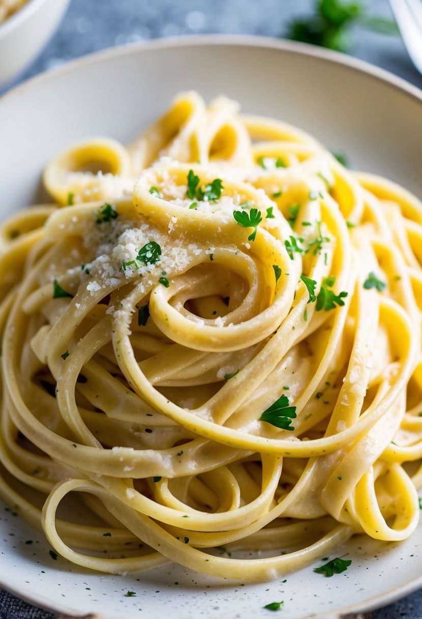 A steaming plate of fettuccine swirled in creamy alfredo sauce, topped with freshly grated parmesan and a sprinkle of chopped parsley