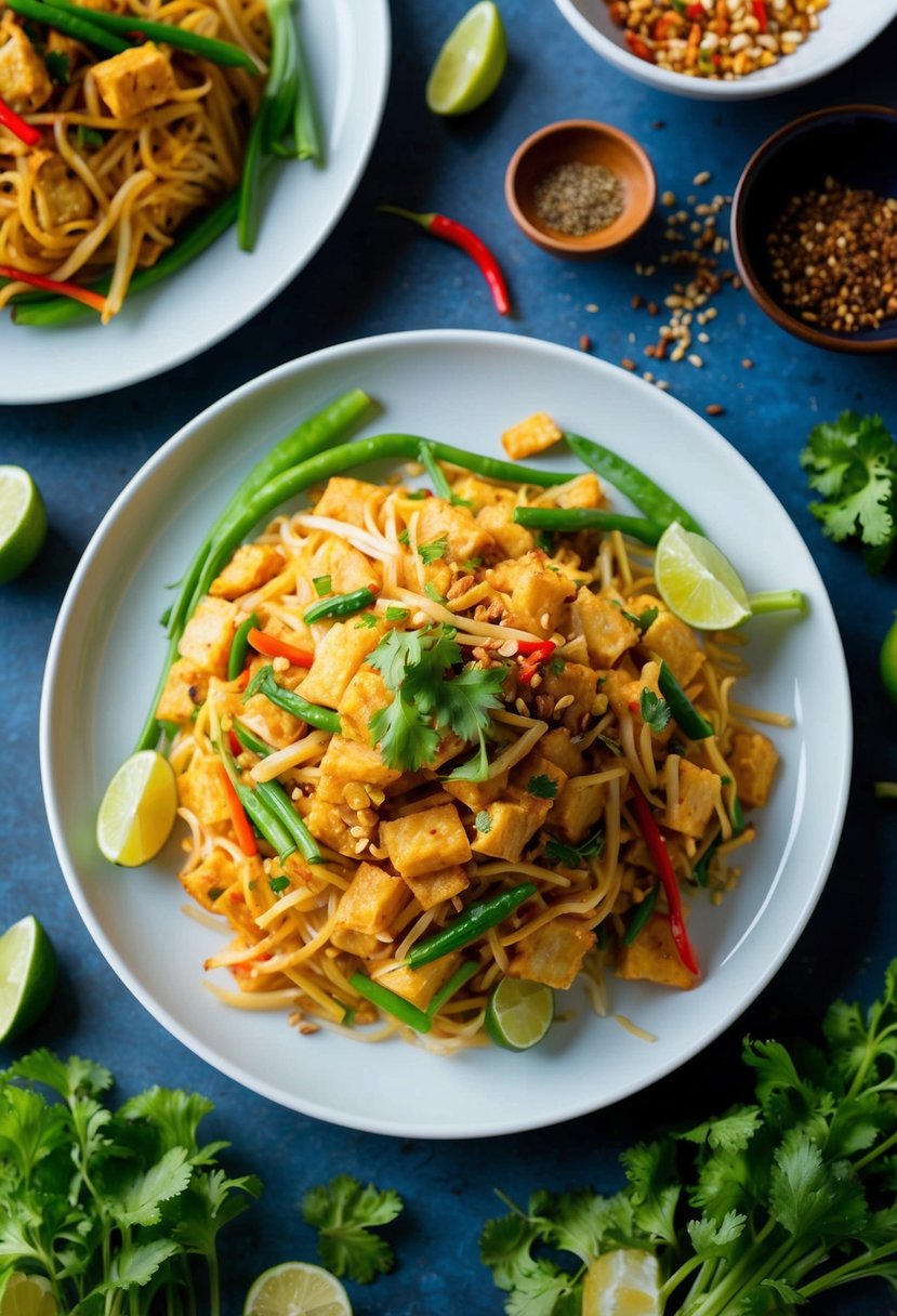 A colorful plate of vegan Pad Thai surrounded by fresh ingredients and Asian spices