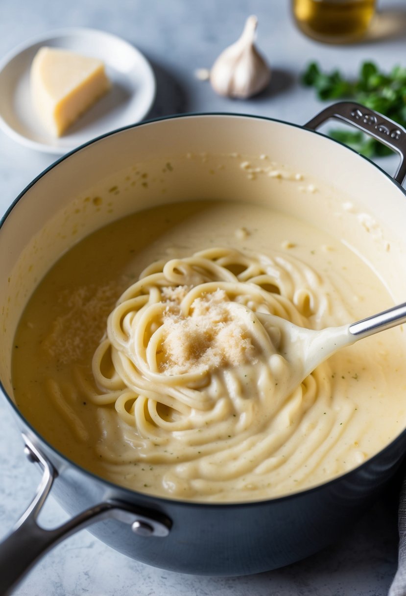 A simmering pot of creamy Alfredo sauce with garlic and Parmesan cheese