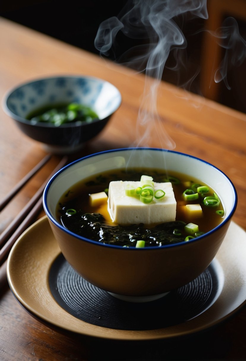 A steaming bowl of miso soup with tofu, garnished with green onions and seaweed, sits on a wooden table beside a pair of chopsticks