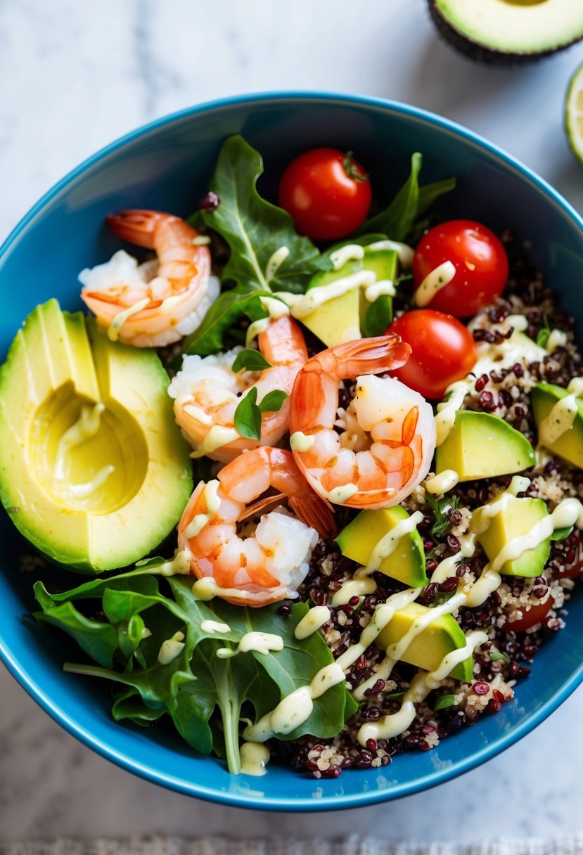 A colorful bowl filled with quinoa, shrimp, mixed greens, cherry tomatoes, and avocado slices, drizzled with a light vinaigrette dressing