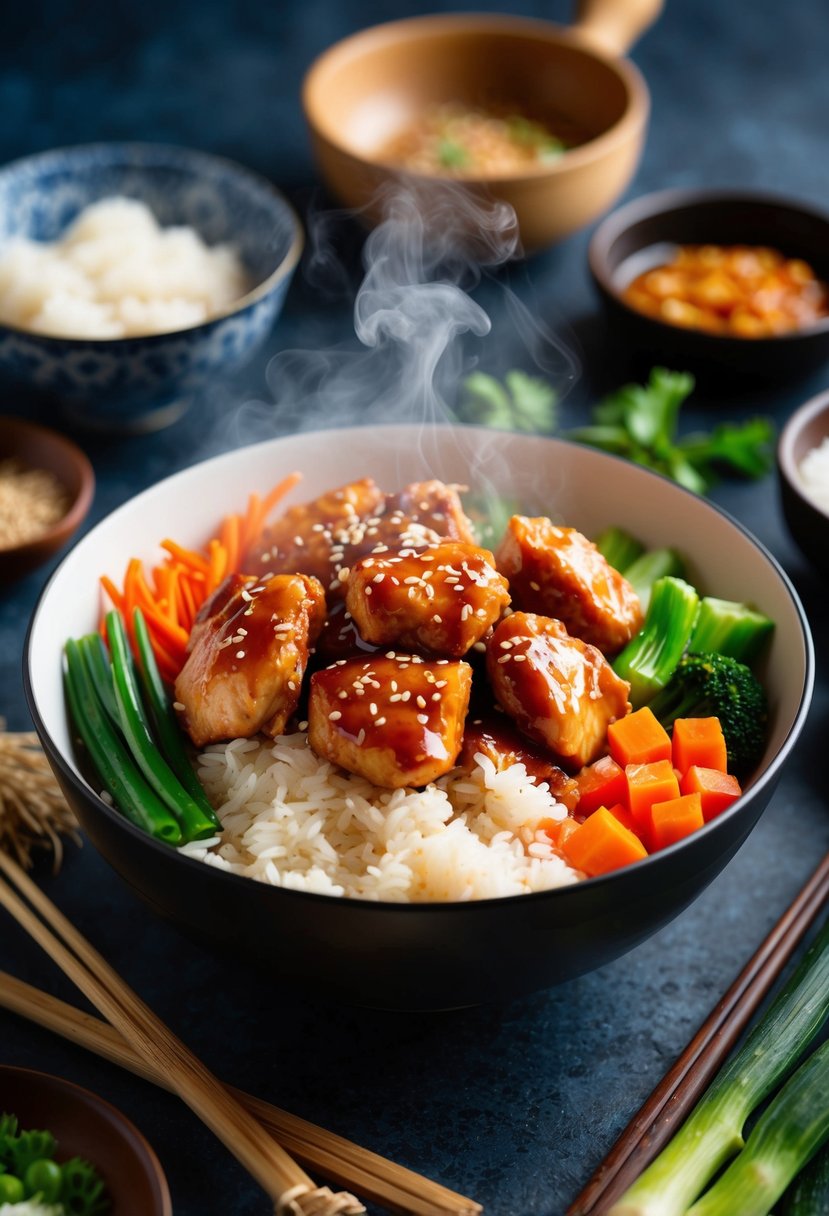 A steaming bowl of teriyaki chicken with colorful vegetables and rice, surrounded by traditional Asian ingredients and cooking utensils