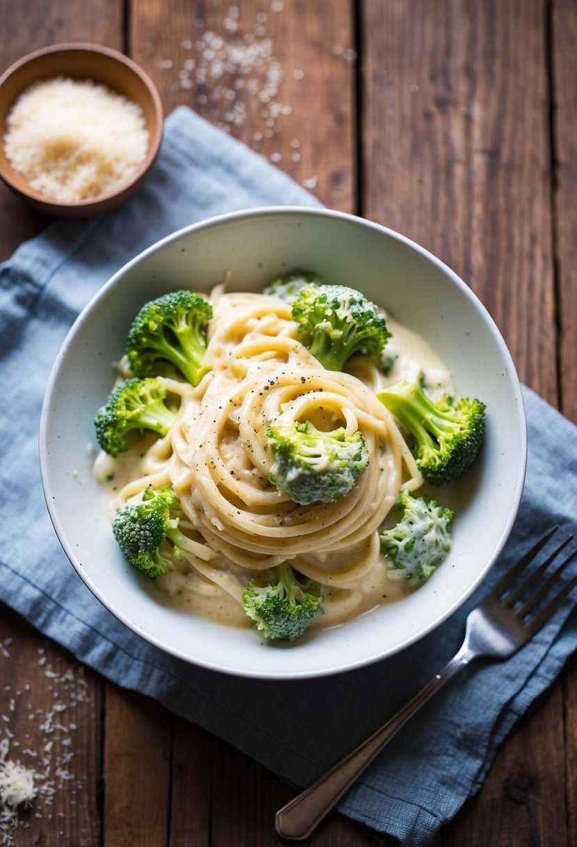 A steaming bowl of creamy broccoli alfredo sits on a rustic wooden table, garnished with freshly grated parmesan and cracked black pepper