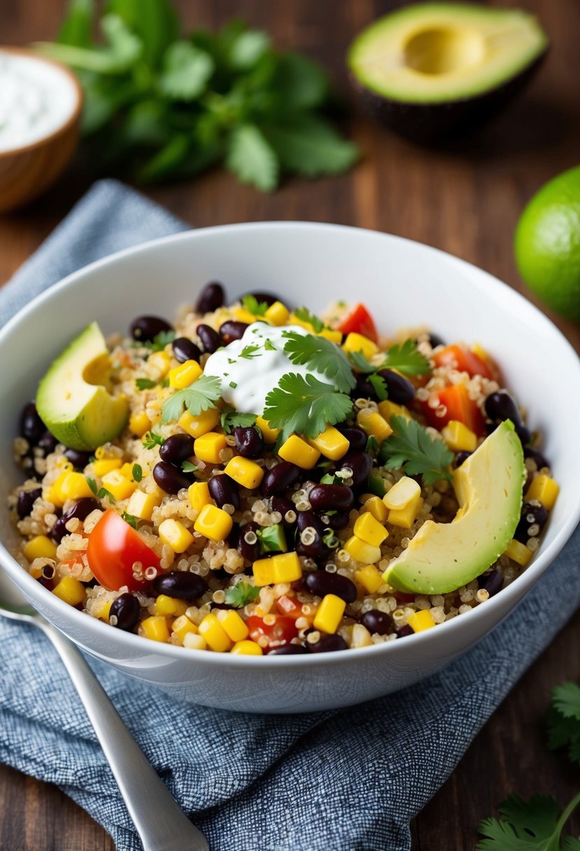 A vibrant bowl of quinoa salad with black beans, corn, tomatoes, and avocado, topped with a sprinkle of cilantro and a squeeze of lime