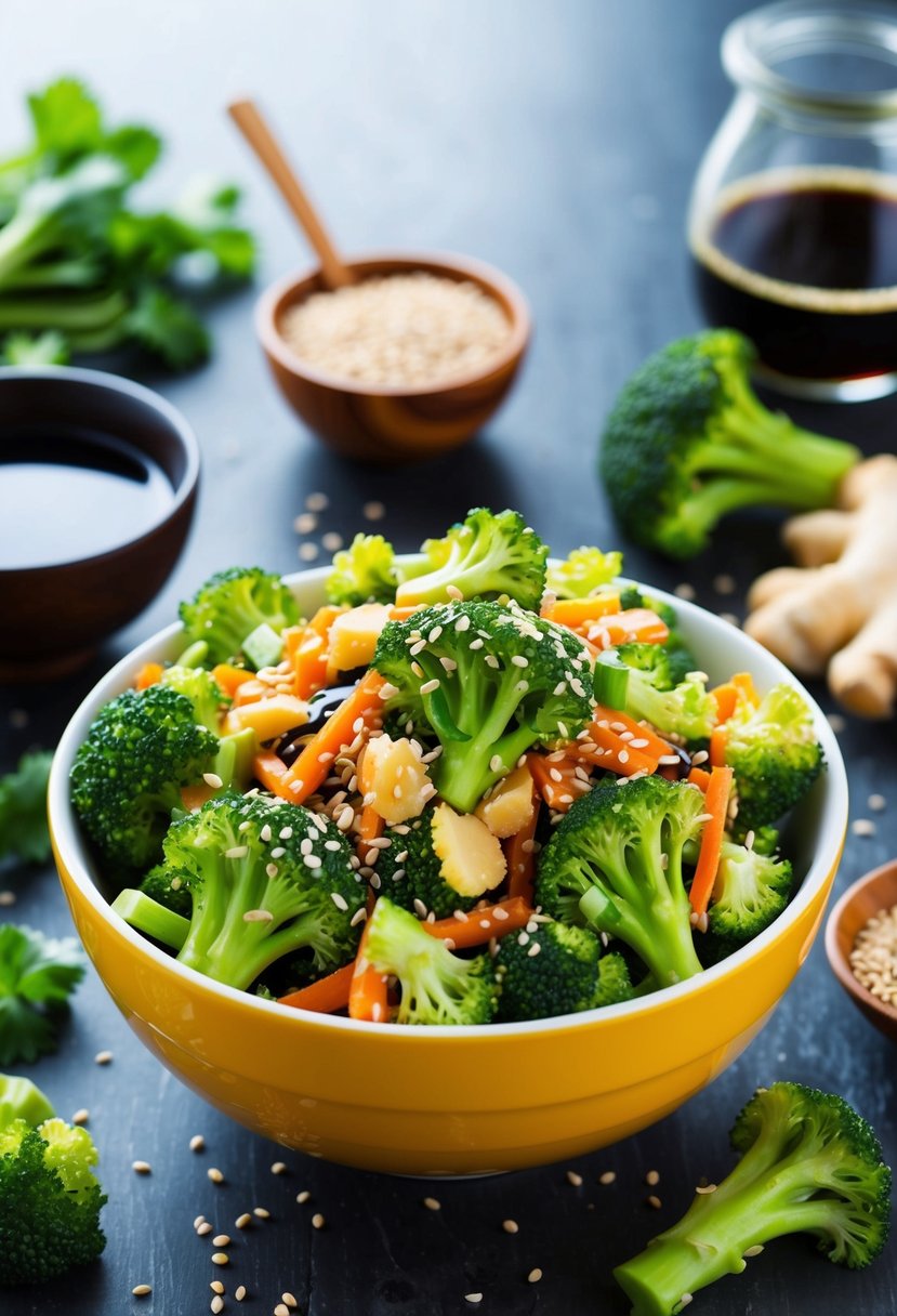 A colorful bowl of sesame broccoli salad, surrounded by fresh ingredients like sesame seeds, soy sauce, and ginger