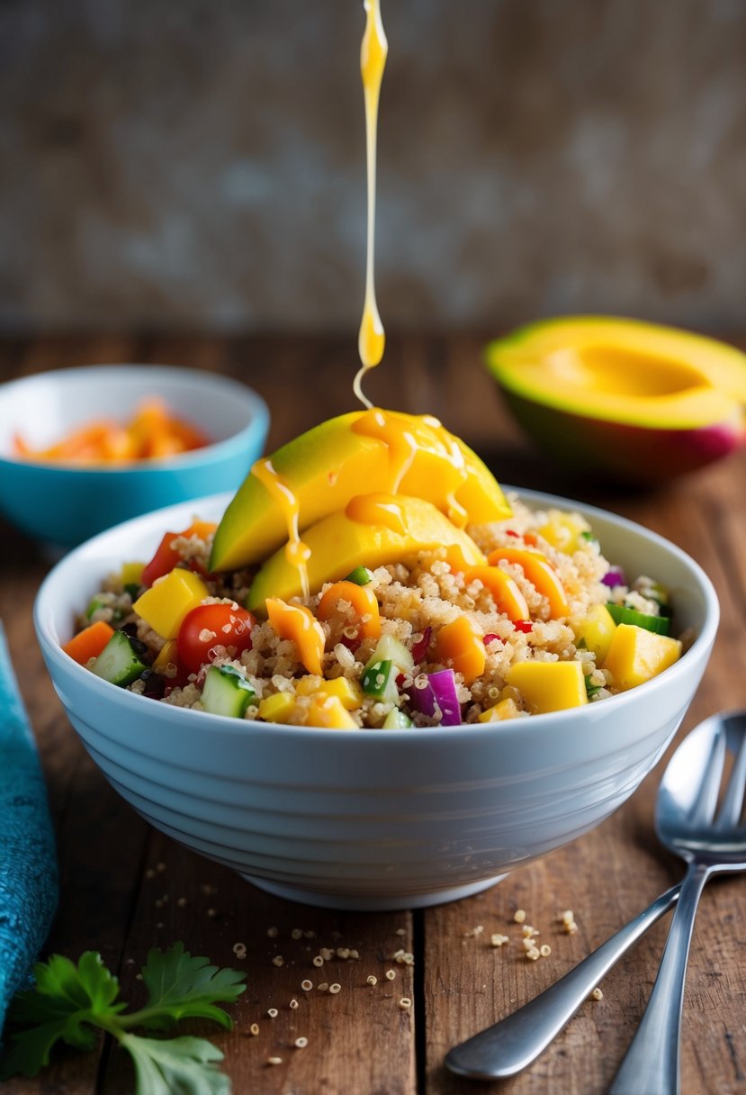 A bowl of quinoa salad topped with ripe mango, mixed with colorful vegetables and drizzled with sweet and sour dressing