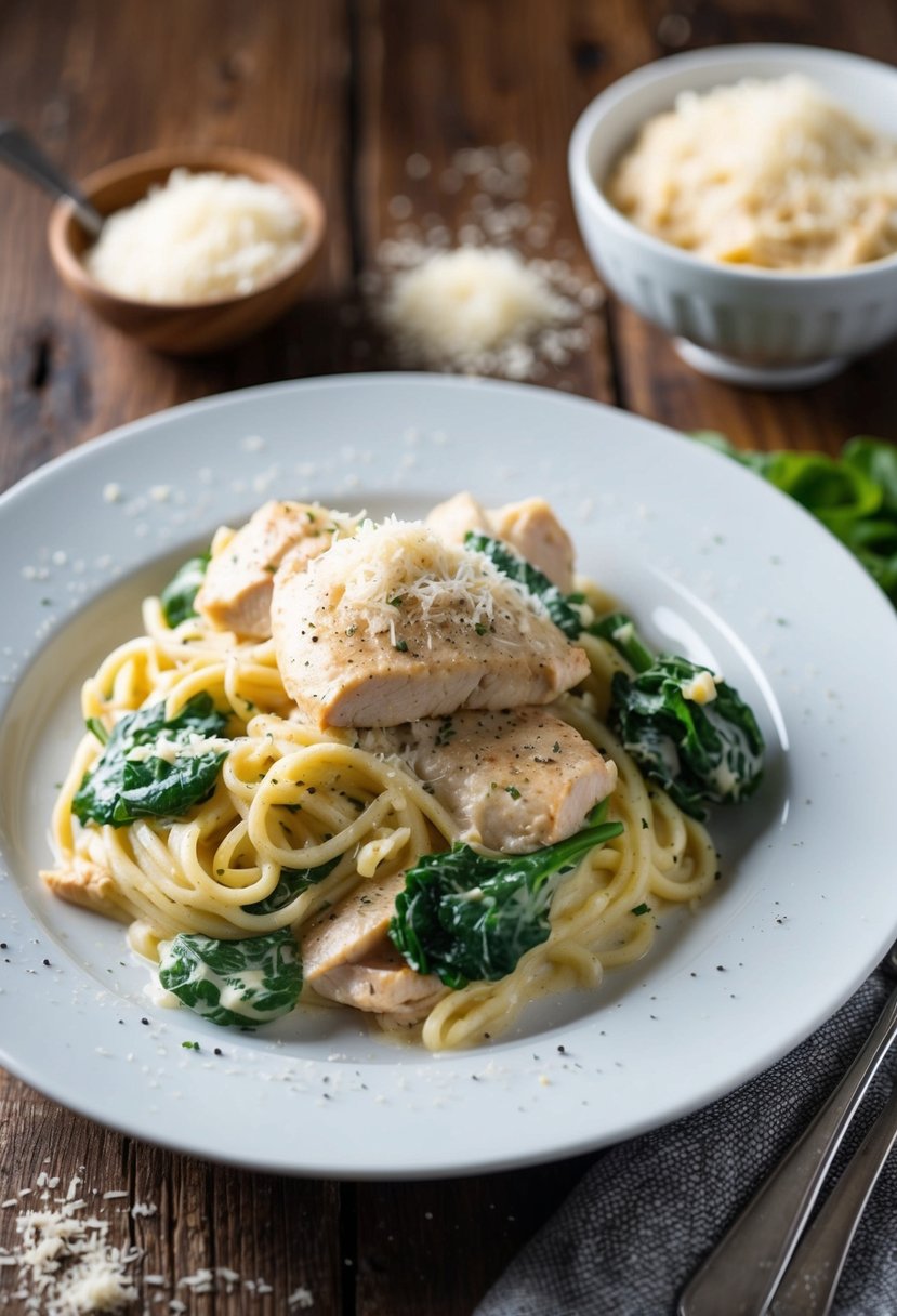 A steaming plate of Chicken and Spinach Alfredo sits on a rustic wooden table, garnished with freshly grated parmesan and cracked black pepper