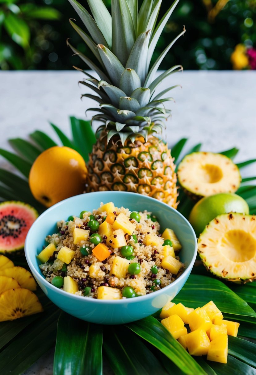 A vibrant bowl of quinoa salad surrounded by fresh pineapple, colorful tropical fruits, and lush greenery