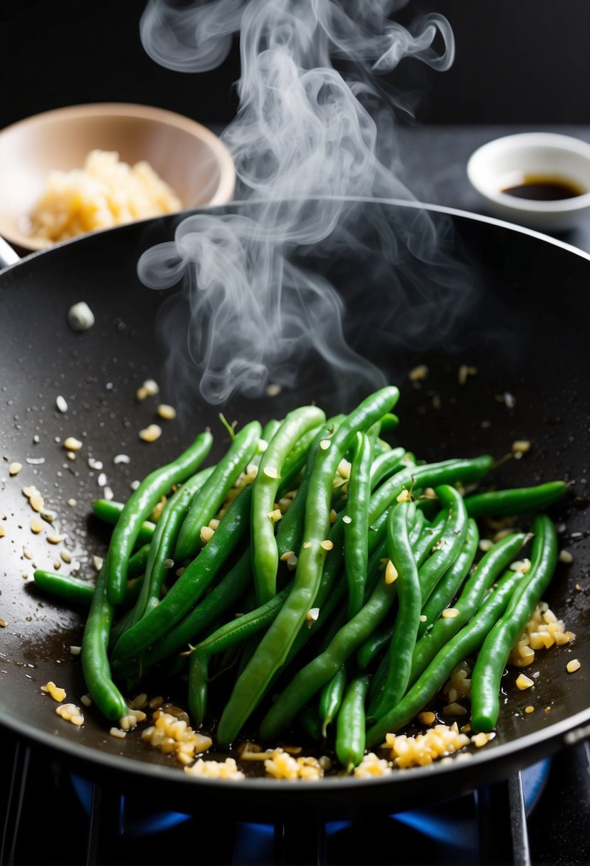 Fresh green beans sizzling in a wok with minced garlic and soy sauce, steam rising