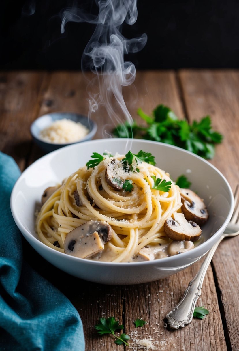 A steaming bowl of creamy mushroom alfredo pasta with a sprinkle of grated parmesan and fresh parsley on a rustic wooden table