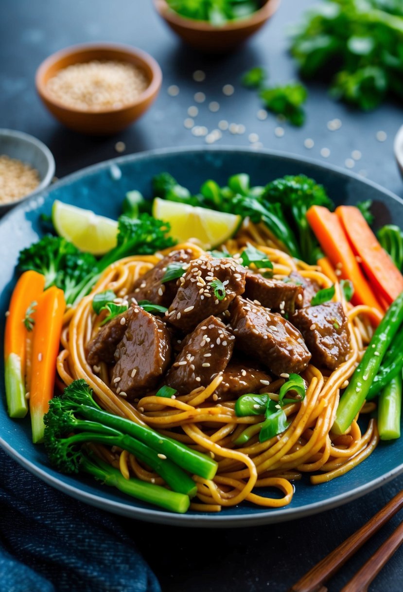 A steaming plate of Beef Lo Mein surrounded by vibrant, fresh vegetables and garnished with sesame seeds