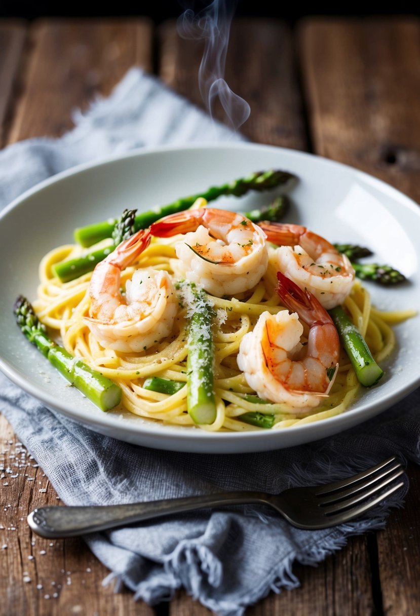 A steaming plate of Shrimp Alfredo with asparagus, garnished with grated parmesan and freshly cracked black pepper, sits on a rustic wooden table