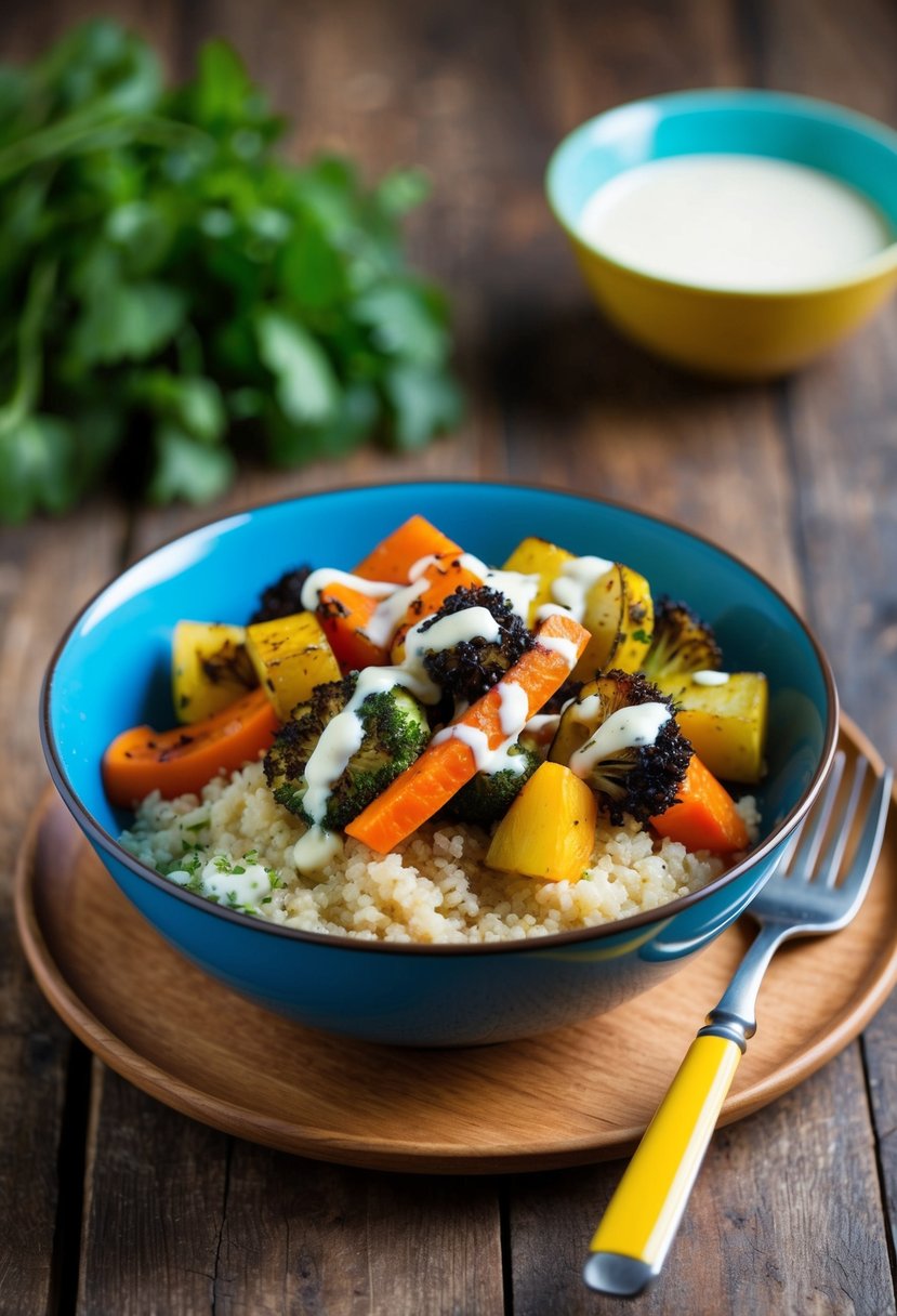 A colorful bowl filled with roasted vegetables and fluffy quinoa, topped with a drizzle of dressing, sitting on a rustic wooden table