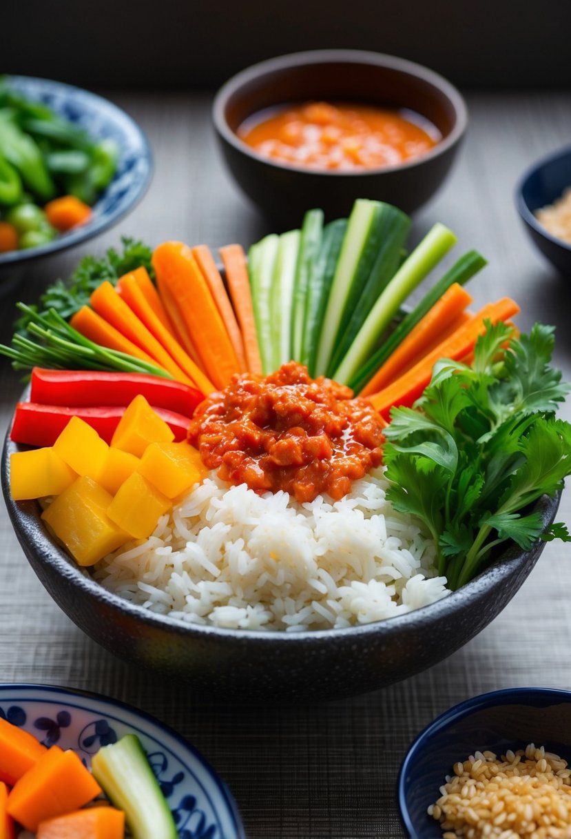 A colorful array of fresh vegetables, rice, and spicy gochujang sauce arranged in a traditional Korean stone bowl