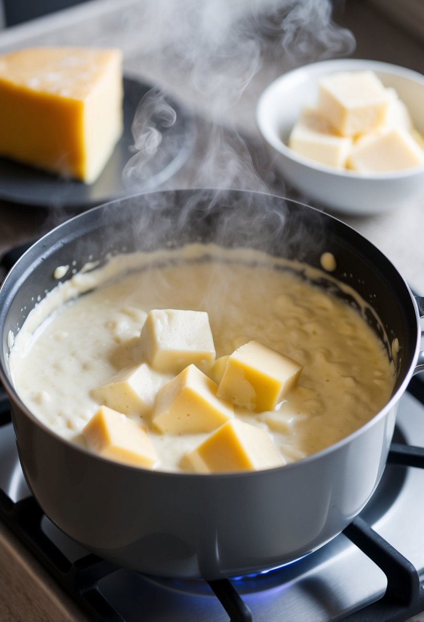 A steaming pot of creamy Alfredo sauce simmers on the stove, with chunks of four different cheeses melting into the rich, velvety mixture