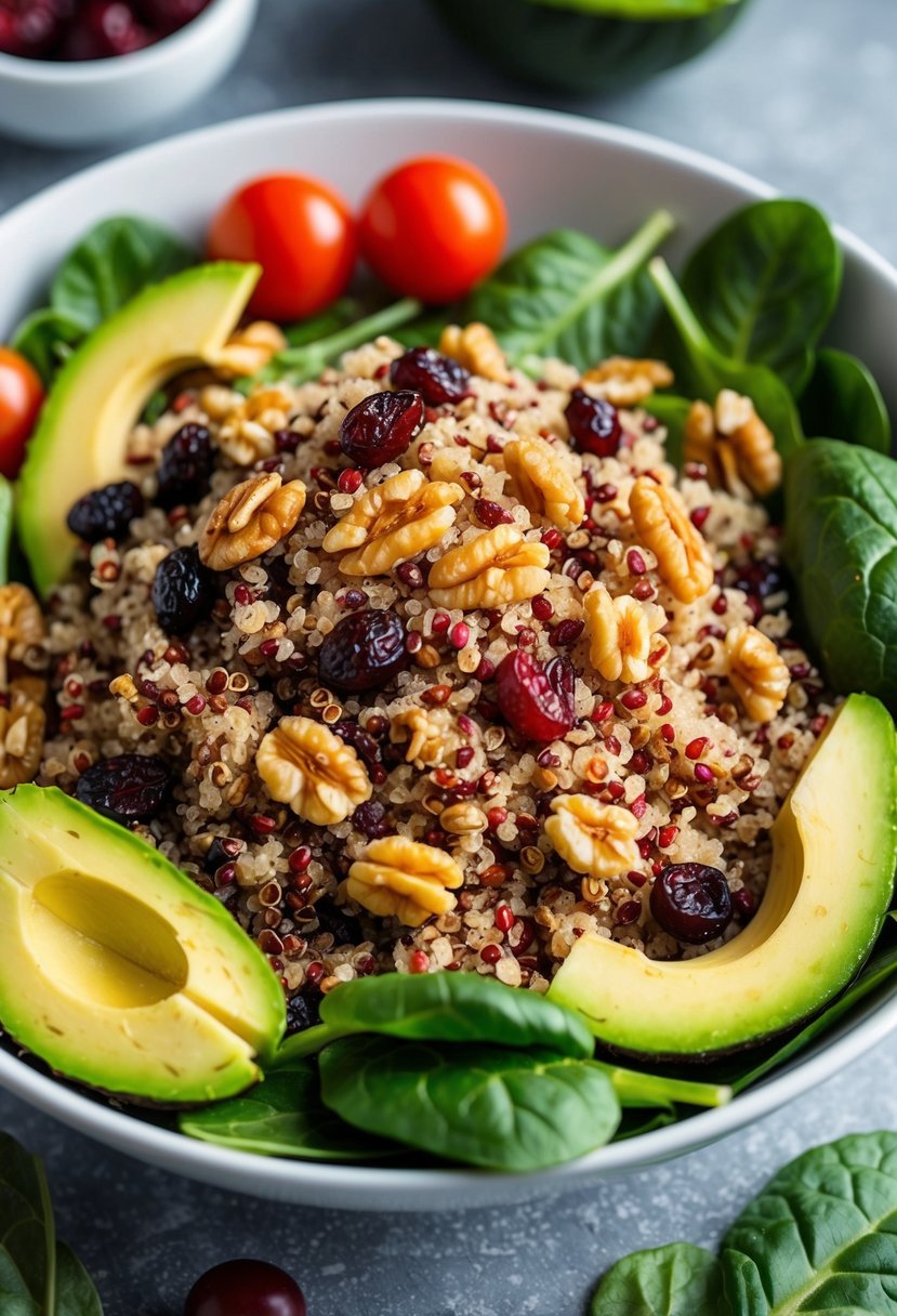 A colorful bowl filled with cooked quinoa, cranberries, and walnuts, surrounded by fresh ingredients like spinach, cherry tomatoes, and sliced avocado