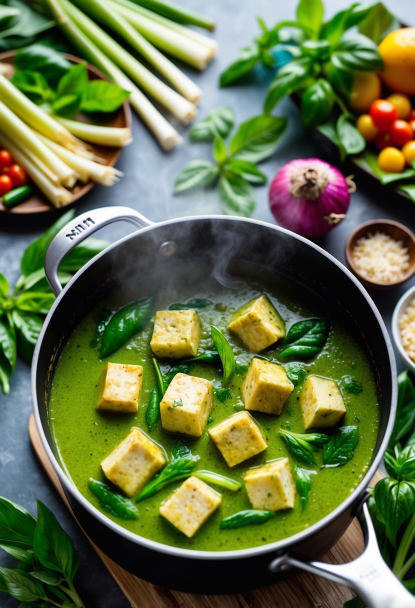 A steaming pot of Thai green curry with chunks of tofu, surrounded by vibrant, fresh ingredients like lemongrass, Thai basil, and colorful vegetables