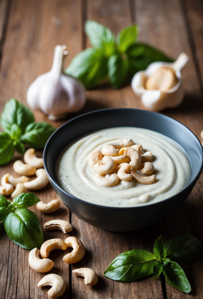 A wooden table with a bowl of creamy cashew-based alfredo sauce, surrounded by fresh basil, garlic, and cashew nuts