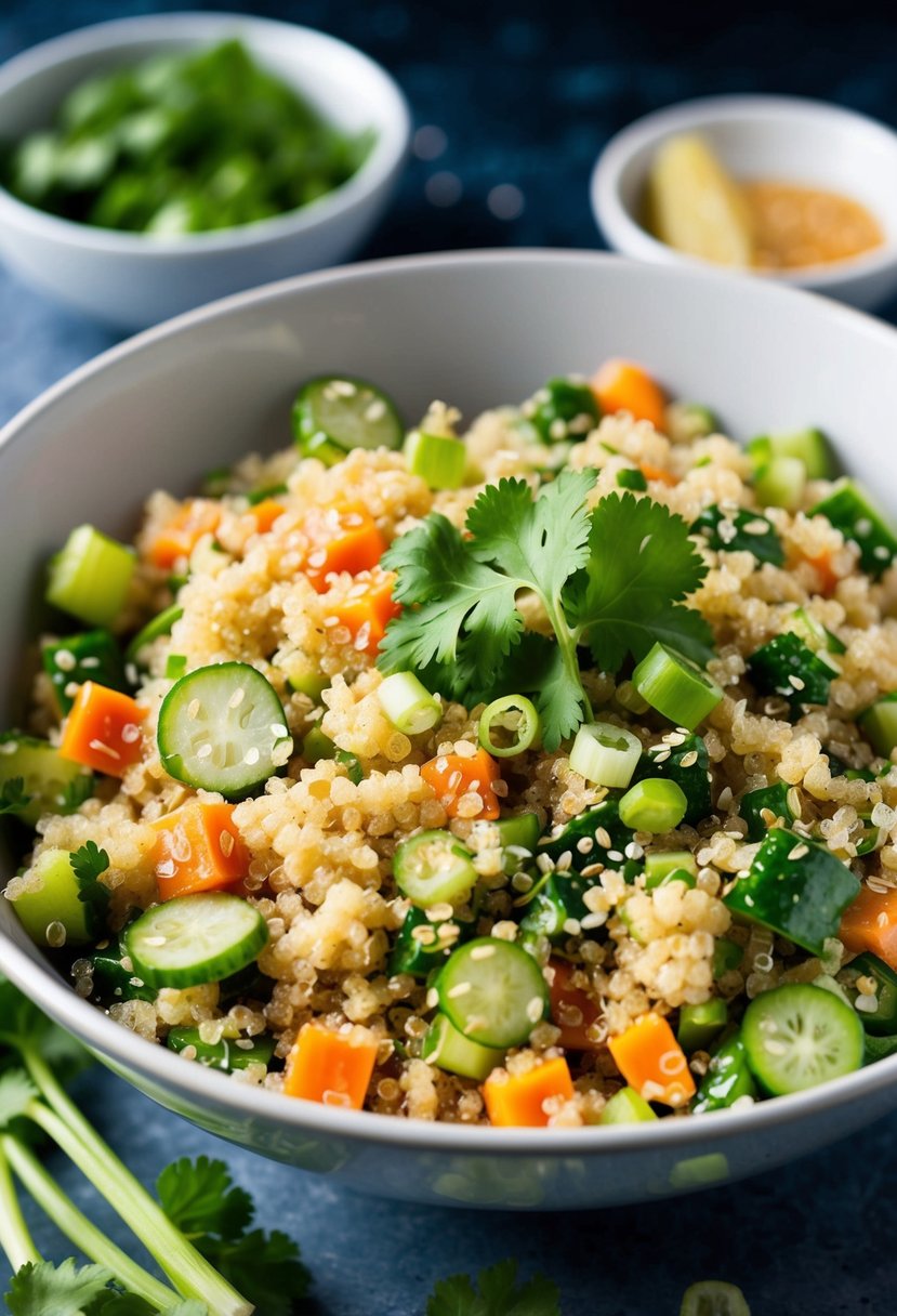 A bowl of quinoa salad with fresh vegetables, sesame seeds, and a ginger-infused dressing, garnished with cilantro and sliced green onions