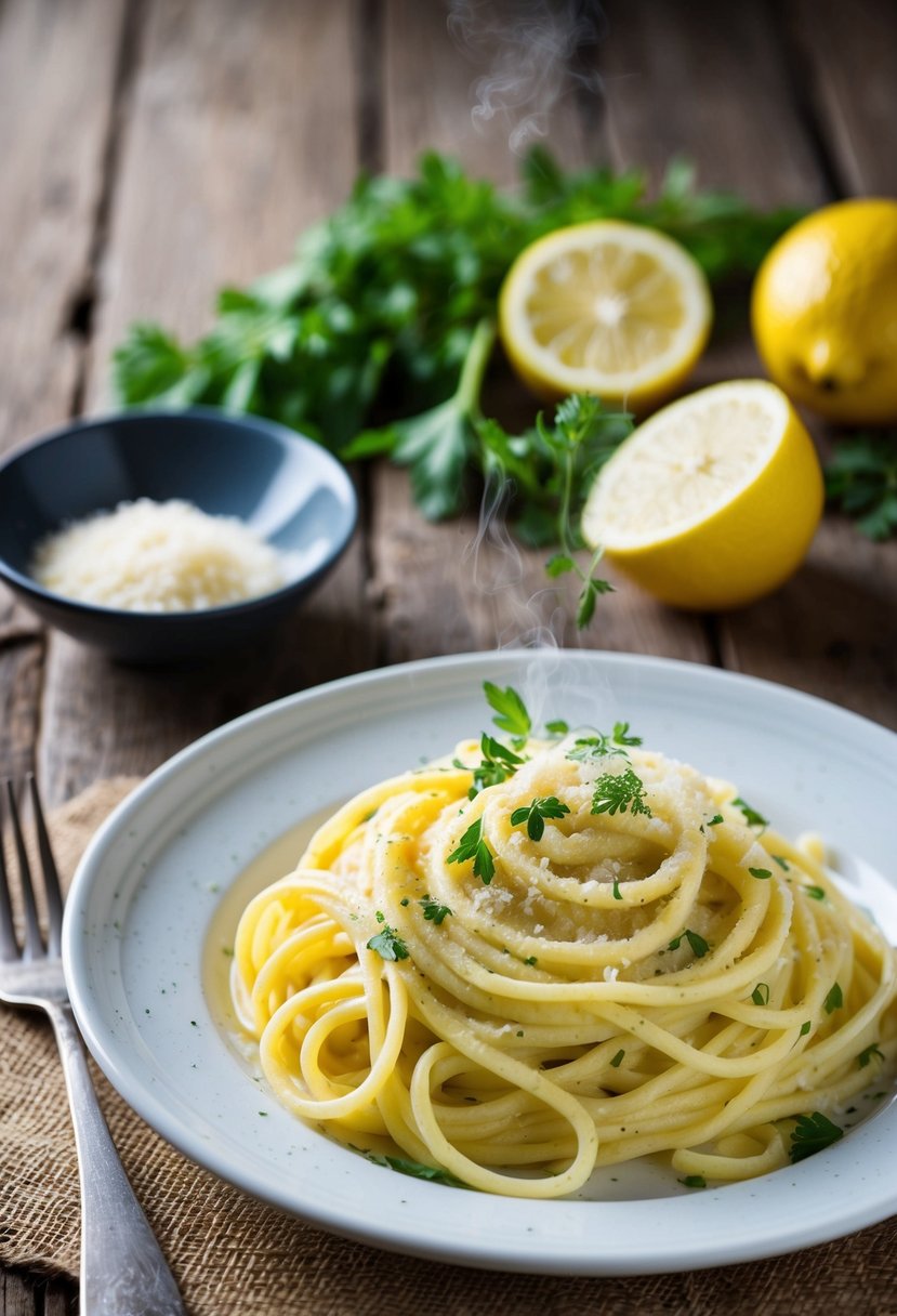 A steaming plate of Lemon Zest Alfredo pasta sits on a rustic wooden table, garnished with fresh herbs and a sprinkle of parmesan cheese