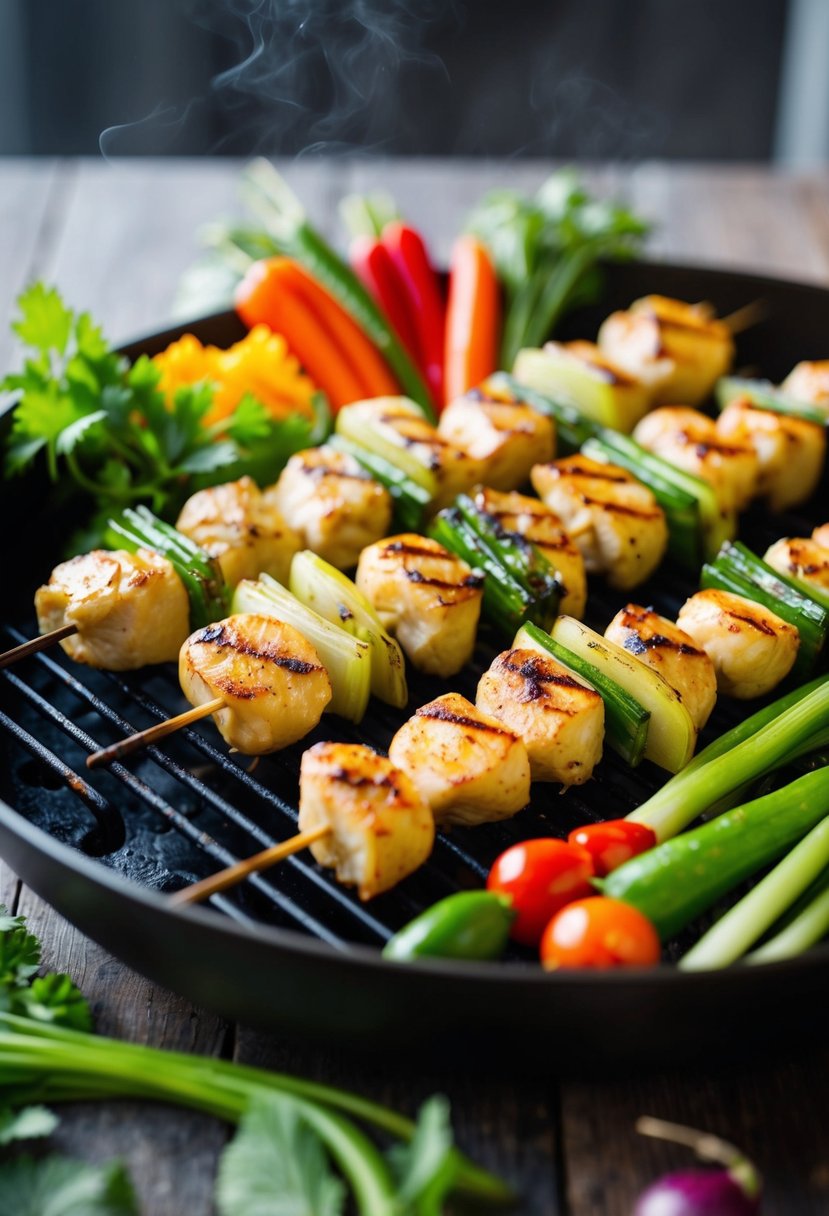 Fresh lemongrass chicken skewers sizzling on a hot grill, surrounded by colorful Asian vegetables and herbs