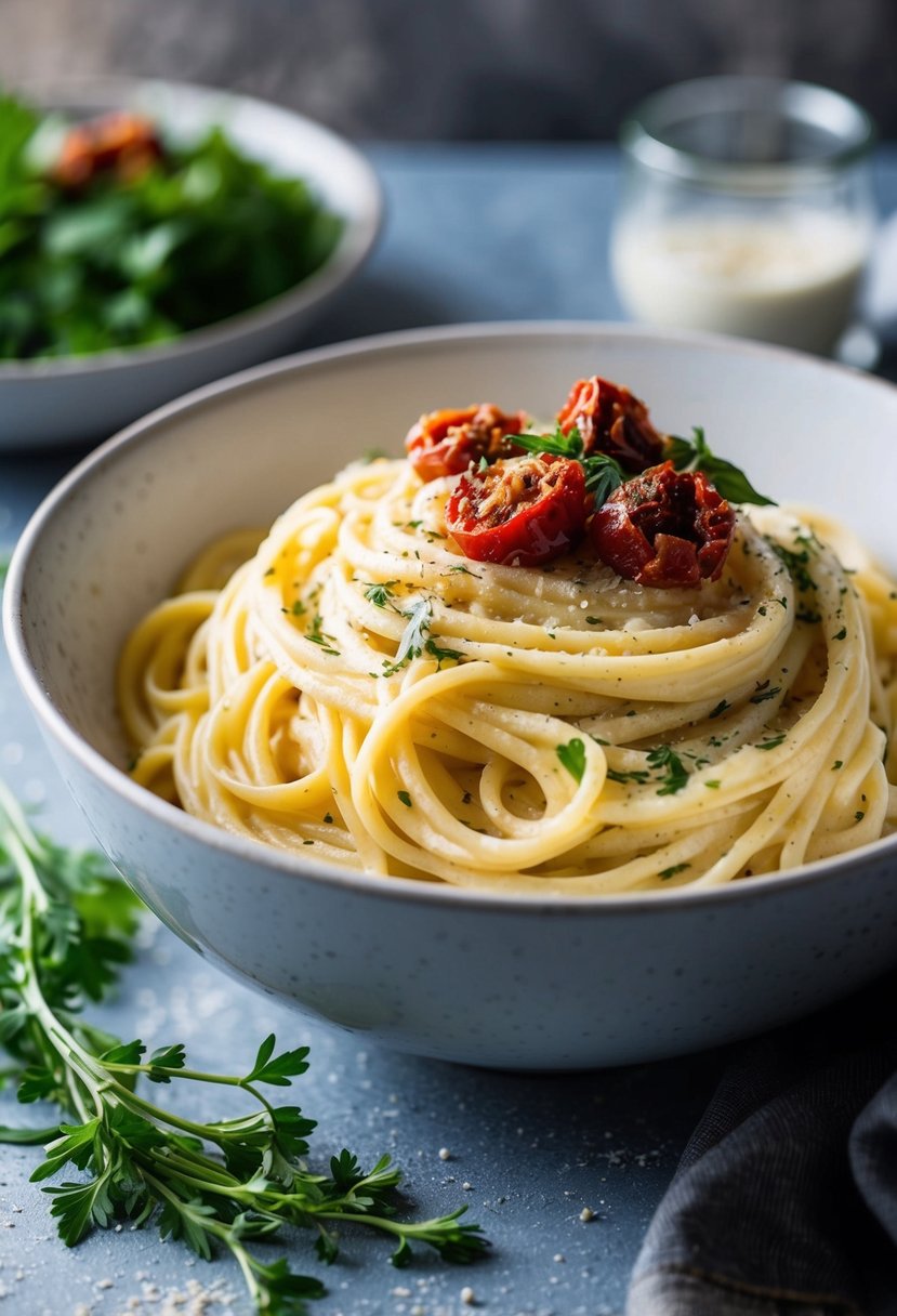 A steaming bowl of creamy alfredo pasta topped with sun-dried tomatoes and sprinkled with fresh herbs