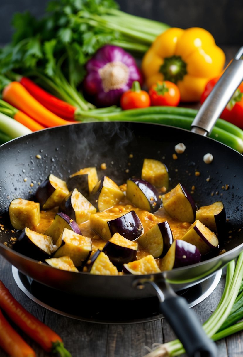 A wok sizzling with chunks of eggplant in a fragrant garlic sauce, surrounded by colorful, fresh Asian vegetables