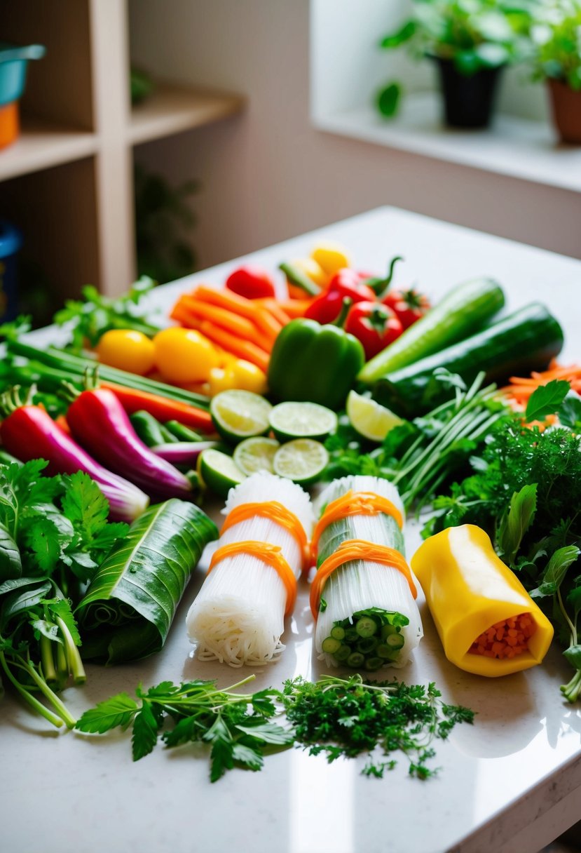 A colorful array of fresh vegetables, herbs, and rice noodles laid out on a clean surface, ready to be rolled into Vietnamese Summer Rolls