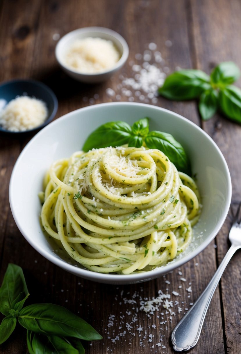 A bowl of creamy pesto alfredo pasta with fresh basil leaves and a sprinkling of parmesan cheese on a rustic wooden table