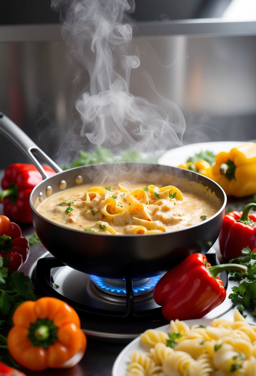 A steaming pot of spicy Cajun Alfredo sauce simmers on a stovetop, surrounded by vibrant red peppers, creamy white pasta, and fragrant herbs