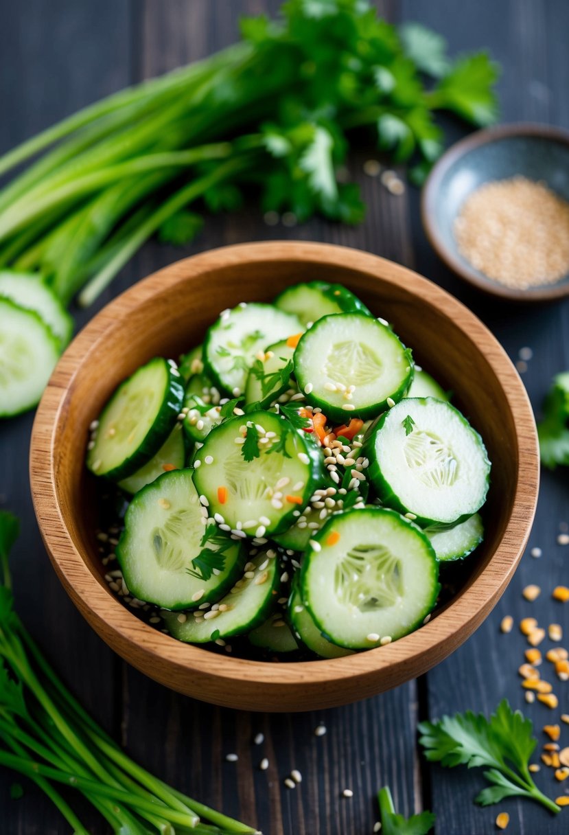 A wooden bowl filled with thinly sliced Japanese cucumbers, sesame seeds, and a tangy dressing, surrounded by fresh green herbs and a few scattered chili flakes