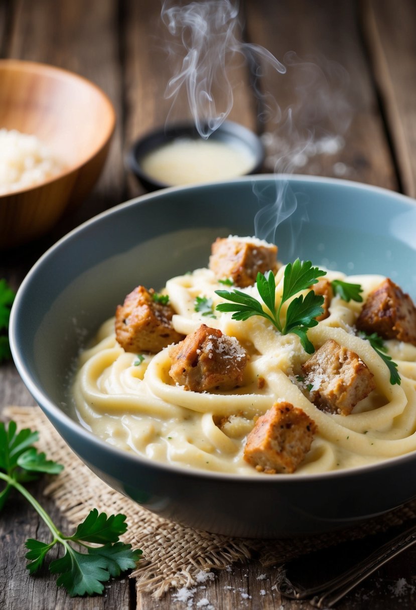 A steaming bowl of creamy alfredo sauce with chunks of Italian sausage, garnished with fresh parsley and grated parmesan, sits on a rustic wooden table