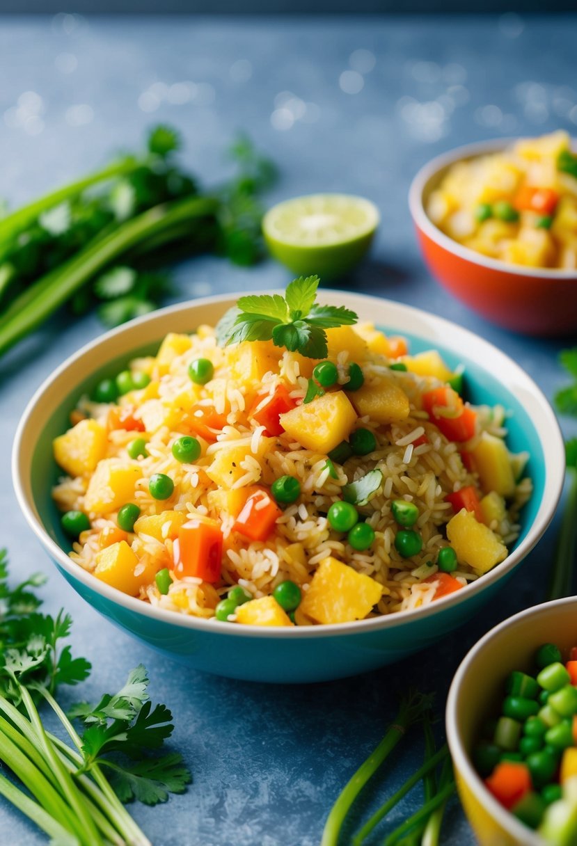 A colorful bowl of pineapple fried rice surrounded by fresh vegetables and herbs