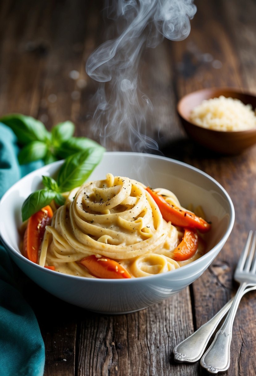 A steaming bowl of creamy Roasted Red Pepper Alfredo sits on a rustic wooden table, garnished with fresh basil and cracked black pepper