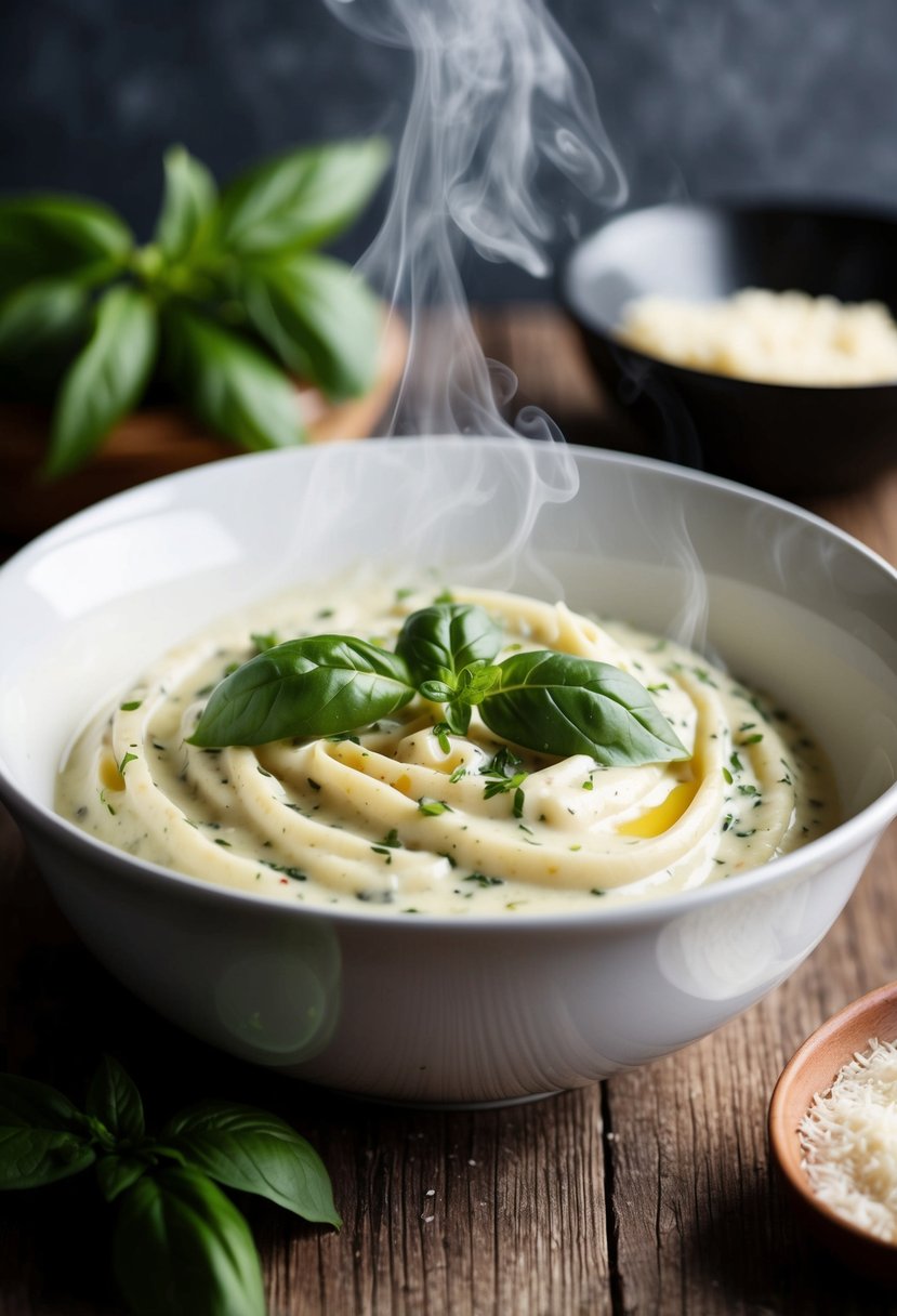 A steaming bowl of herbed Alfredo sauce with fresh basil leaves