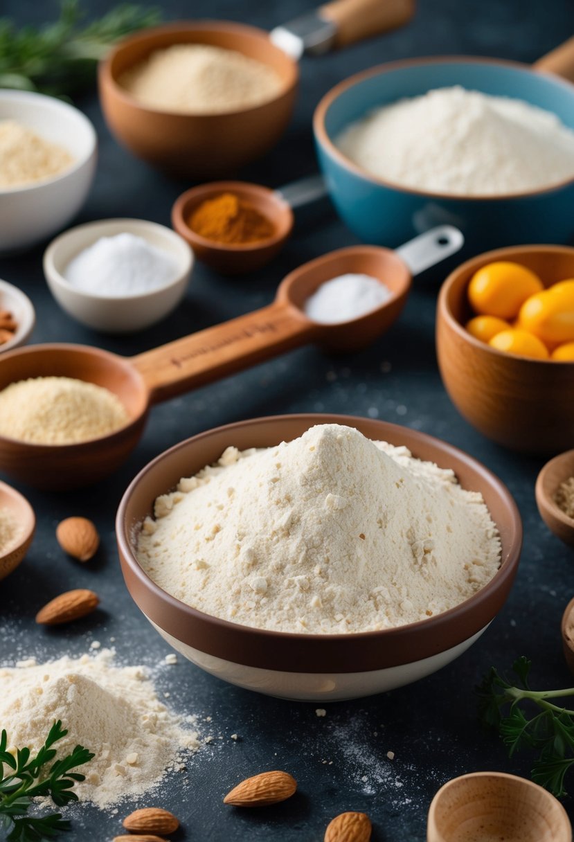 A bowl of almond flour surrounded by various ingredients and kitchen utensils