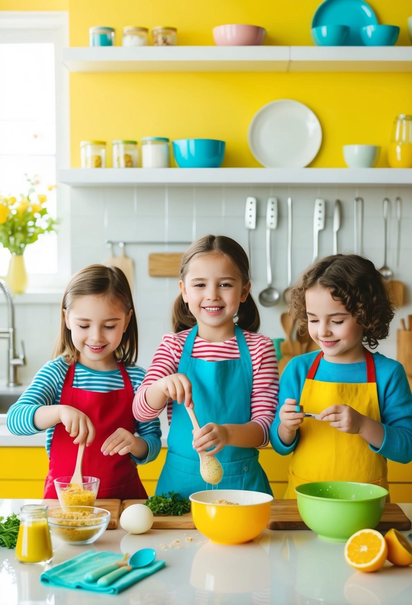 Children happily preparing and mixing ingredients in a bright, colorful kitchen. Ingredients and utensils are neatly arranged on the counter