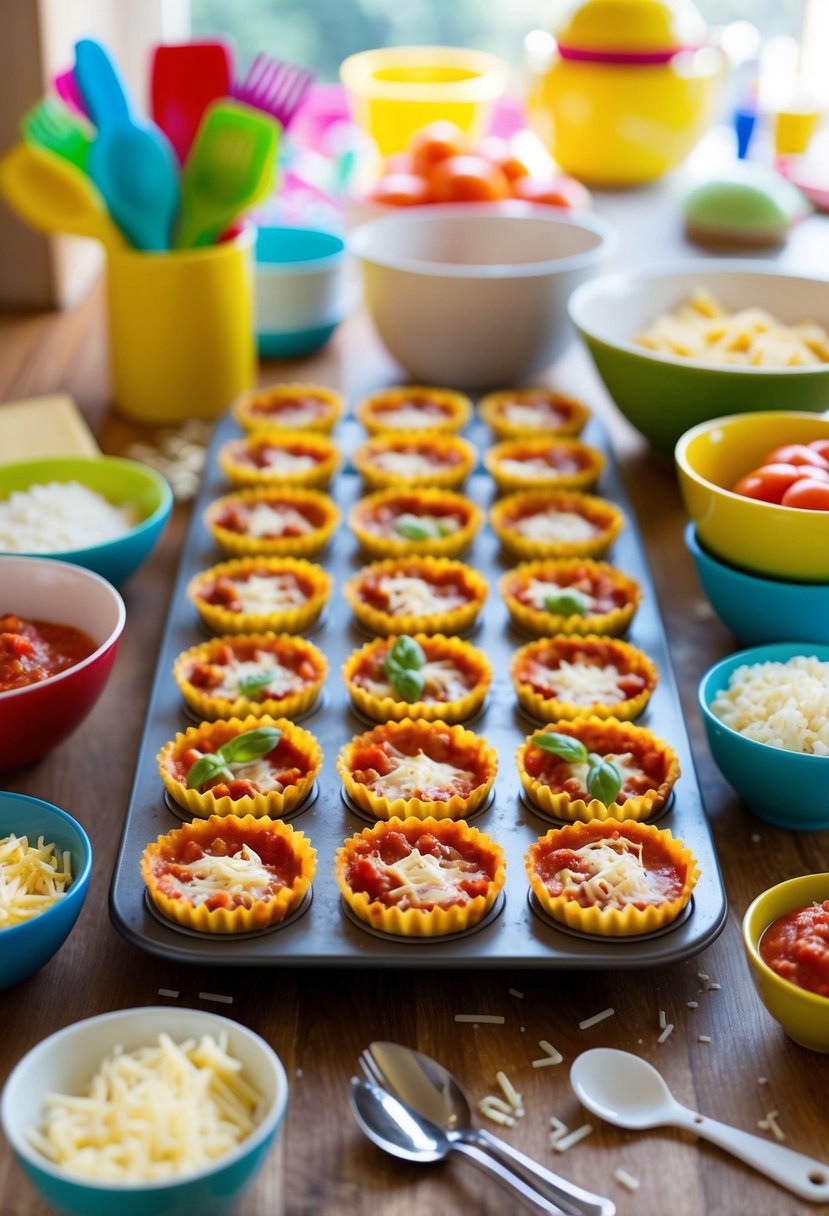 Mini lasagna cups arranged on a baking sheet, surrounded by ingredients like pasta, cheese, and tomato sauce. A child-friendly kitchen with colorful utensils and a playful atmosphere