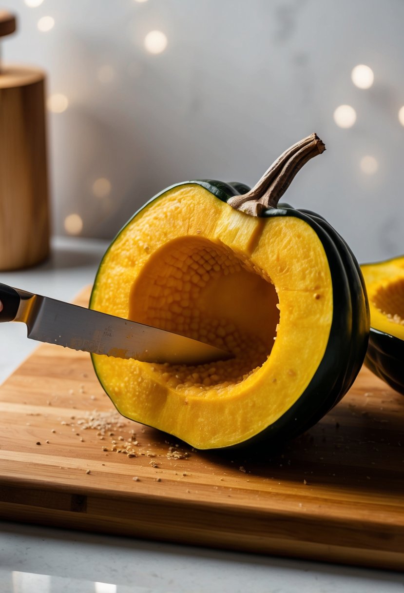 An acorn squash being sliced and seasoned on a wooden cutting board