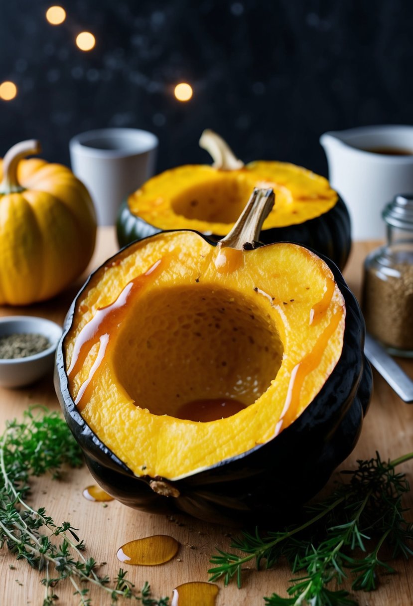 A golden acorn squash, cut in half and roasted, drizzled with a glistening maple glaze, surrounded by fresh herbs and spices