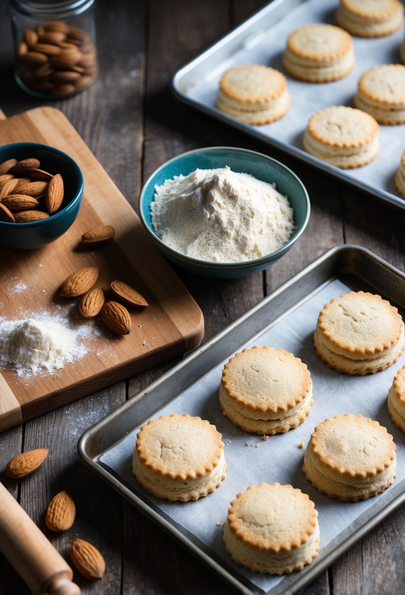 A rustic kitchen scene with a wooden cutting board, a bowl of almond flour, a rolling pin, and a tray of freshly baked almond flour biscuits