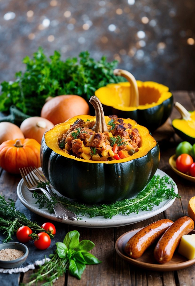 A rustic kitchen table set with a hearty stuffed acorn squash, surrounded by fresh herbs, Italian sausages, and colorful vegetables