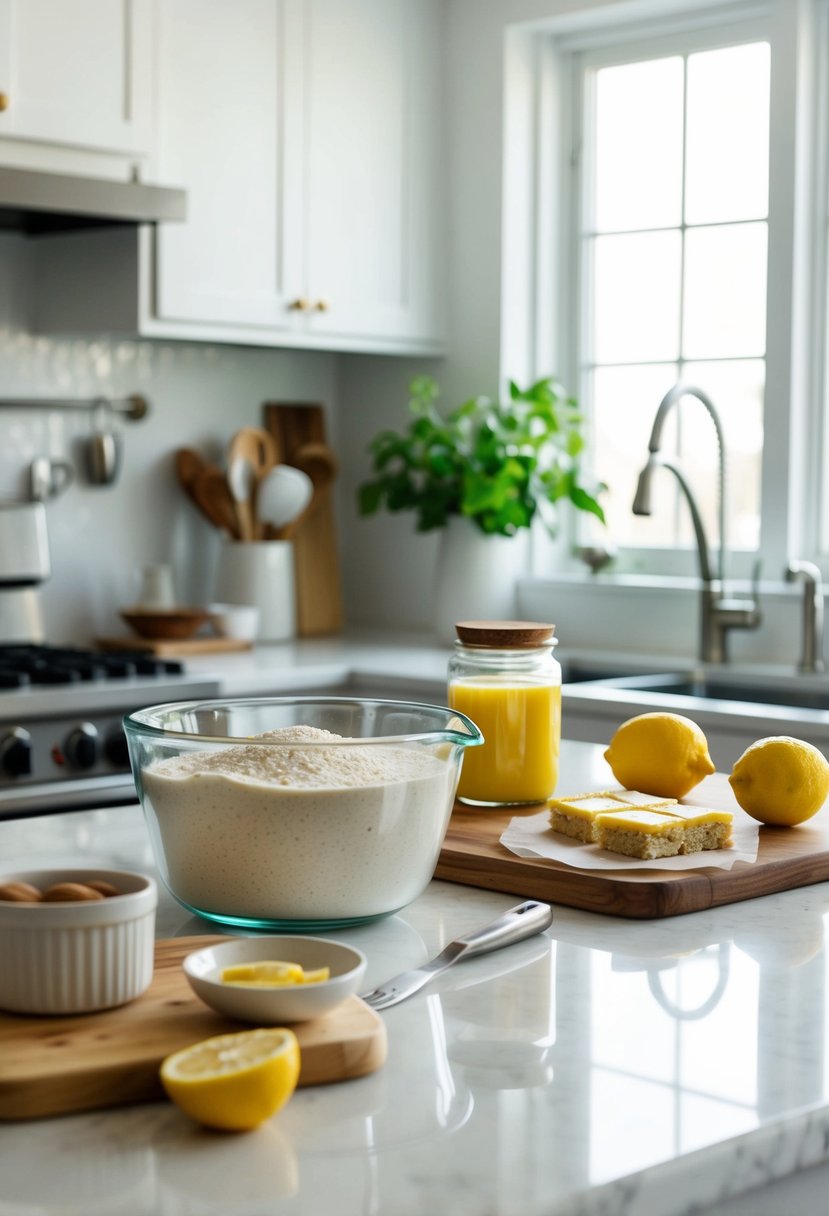 A kitchen counter with ingredients and utensils for making almond flour lemon bars