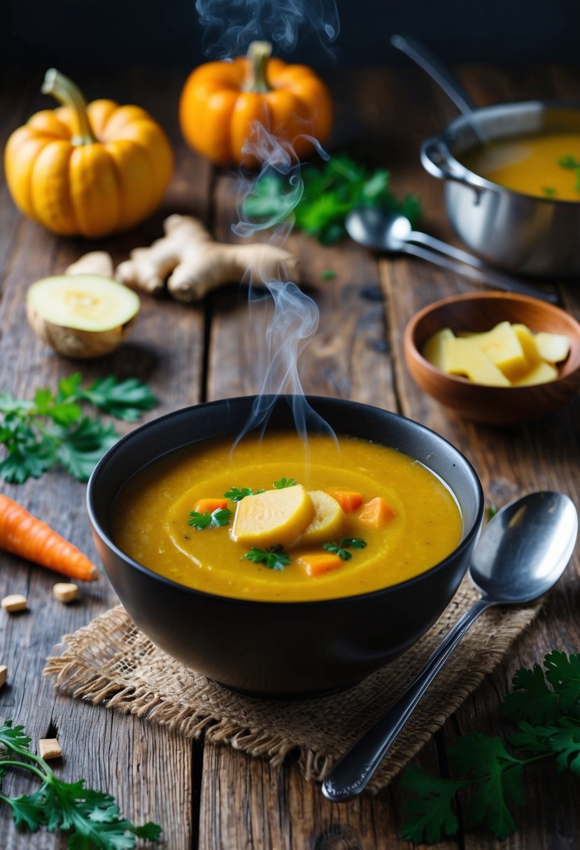 A steaming bowl of acorn squash soup with ginger and carrot sits on a rustic wooden table, surrounded by scattered fresh ingredients and a ladle