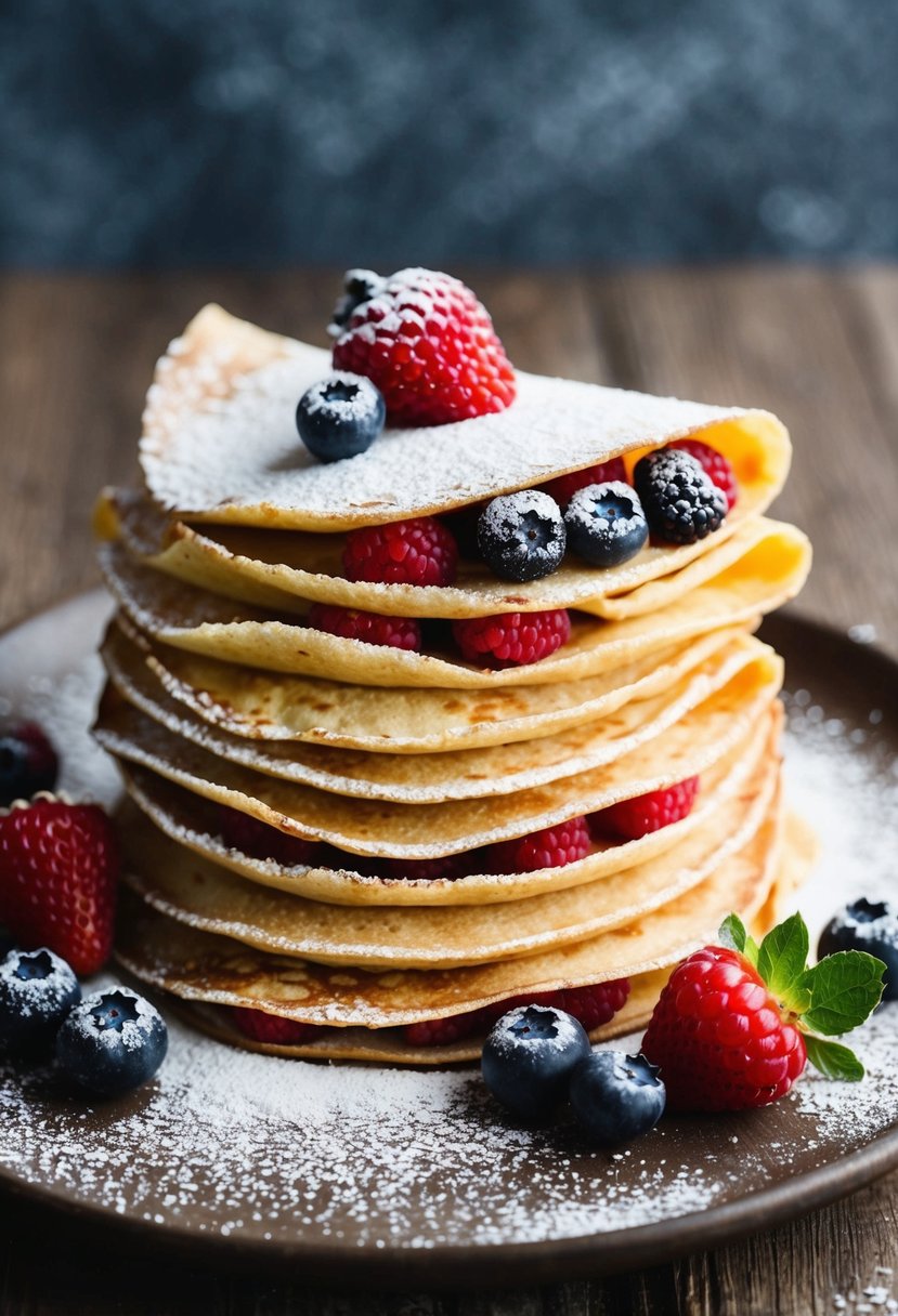 A stack of almond flour crepes with fresh berries and a dusting of powdered sugar on a rustic wooden table